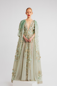 HerTrove-Floral embriodered tulle gown with coat