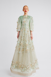 HerTrove-Floral embriodered tulle gown with coat