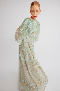 HerTrove-Floral embriodered tulle gown with coat