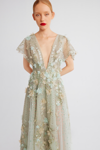 HerTrove-Floral embriodered tulle gown with coat