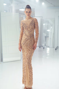 HerTrove-Long sleeves gown beaded in geometrical lines