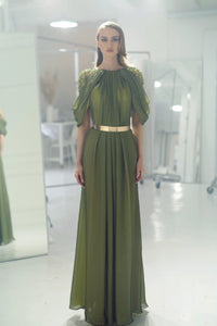 HerTrove-Beaded shoulders pleated gown