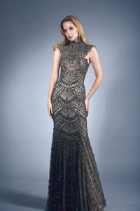 HerTrove-High neckline fully beaded dress