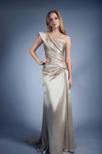 pleated satin dress one shoulder Women's Black Pleated Satin One Shoulder Maxi Dress Medium