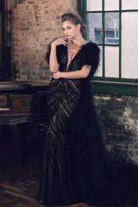 Tulle beaded dress with feather cape HERTROVE Tulle beaded dress with feather cape HERTROVE