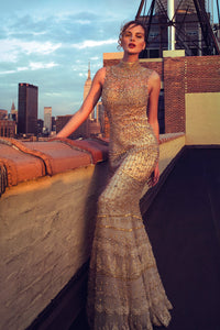 HerTrove-High neckline sleeveless embroidered gown