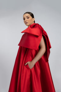 HerTrove-A long modern dress made of taffeta, with a wide and flowing silhouette.