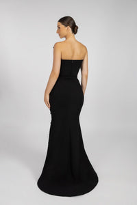 HerTrove-A long black crepe dress with a diagonal neckline and crystals.