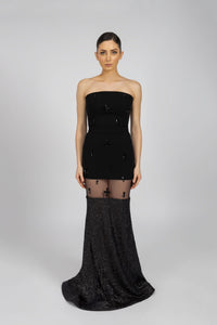 HerTrove-An evening dress made of crepe, tulle, and sequins, with crystals of the same color.