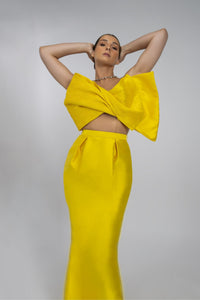HerTrove-A long yellow taffeta evening dress with a modern design featuring a large bow and a transparent back.
