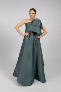 HerTrove-A long modern dress made of taffeta, with a wide and flowing silhouette.