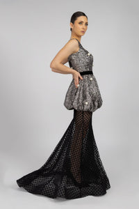 HerTrove-A sequined crystal evening dress with tulle, lace circles, and crystal and pearl brooches.