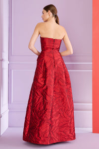 HerTrove-Scarlet red honeydrop jacquard long dress with accent pockets