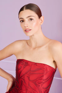 HerTrove-Scarlet red honeydrop jacquard long dress with accent pockets
