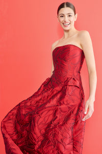 HerTrove-Scarlet red honeydrop jacquard long dress with accent pockets
