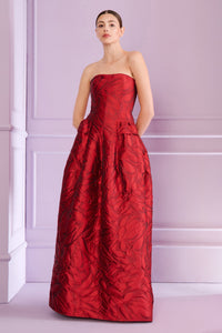 HerTrove-Scarlet red honeydrop jacquard long dress with accent pockets