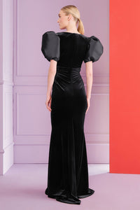 HerTrove-Stretch velvet black gown with draped waist
