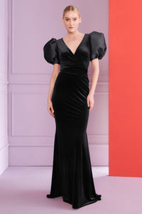 HerTrove-Stretch velvet black gown with draped waist
