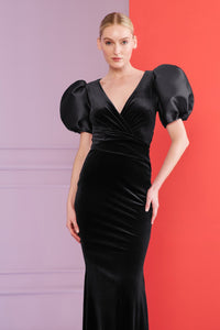 HerTrove-Stretch velvet black gown with draped waist