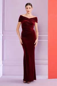 HerTrove-Off-shoulder velvet evening gown