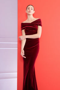 HerTrove-Off-shoulder velvet evening gown
