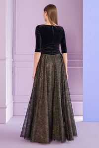 HerTrove-Shimmering velvet and sequined tulle gown with bow detail