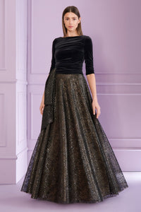 HerTrove-Shimmering velvet and sequined tulle gown with bow detail