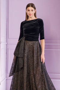 HerTrove-Shimmering velvet and sequined tulle gown with bow detail