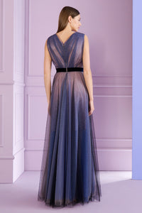 HerTrove-V-neck layered tulle gown with shimmering metallic voile