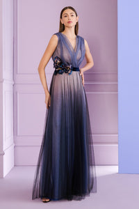 HerTrove-V-neck layered tulle gown with shimmering metallic voile