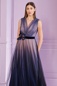 HerTrove-V-neck layered tulle gown with shimmering metallic voile