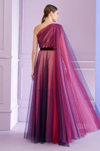 HerTrove-Asymmetrical neckline tulle gown with shimmering metallic voile