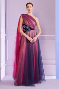 HerTrove-Asymmetrical neckline tulle gown with shimmering metallic voile