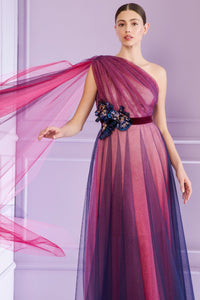 HerTrove-Asymmetrical neckline tulle gown with shimmering metallic voile