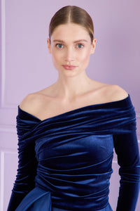 HerTrove-Asymmetrically draped velvet gown with organza skirt and bow