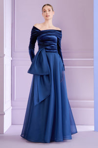 HerTrove-Asymmetrically draped velvet gown with organza skirt and bow