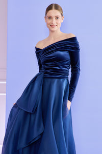 HerTrove-Asymmetrically draped velvet gown with organza skirt and bow