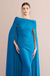 HerTrove-Turquoise tulle gown with draped cape