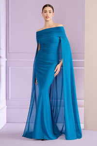 HerTrove-Turquoise tulle gown with draped cape