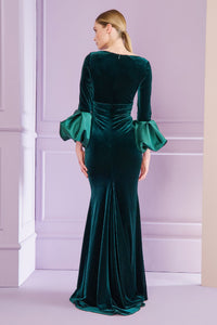 HerTrove-Stretch velvet gown with draped waist and trumpet sleeves