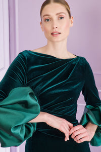 HerTrove-Stretch velvet gown with draped waist and trumpet sleeves