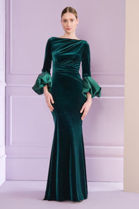 HerTrove-Stretch velvet gown with draped waist and trumpet sleeves