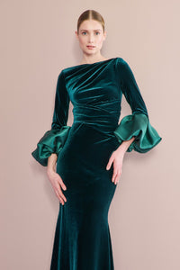 HerTrove-Stretch velvet gown with draped waist and trumpet sleeves