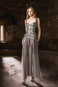 HerTrove-Chic A-line dress with silver matte paillette bands and elegant shimmer