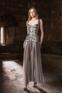 matte silver dress Sweetheart Matte Satin Sheath Maxi Dress With Cutout Rhinestone Slit KOREYILA