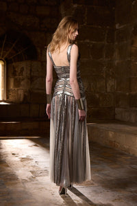 HerTrove-Chic A-line dress with silver matte paillette bands and elegant shimmer