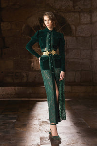 HerTrove-High-neck velvet and lace midi dress with princess-cut long sleeves and central slit