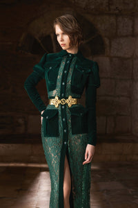 HerTrove-High-neck velvet and lace midi dress with princess-cut long sleeves and central slit