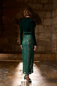 HerTrove-High-neck velvet and lace midi dress with princess-cut long sleeves and central slit