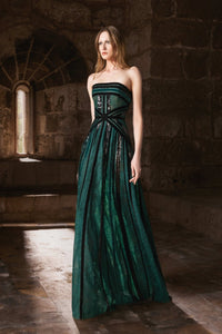 HerTrove-Strapless velvet gown with embroidered lace and sequin panels